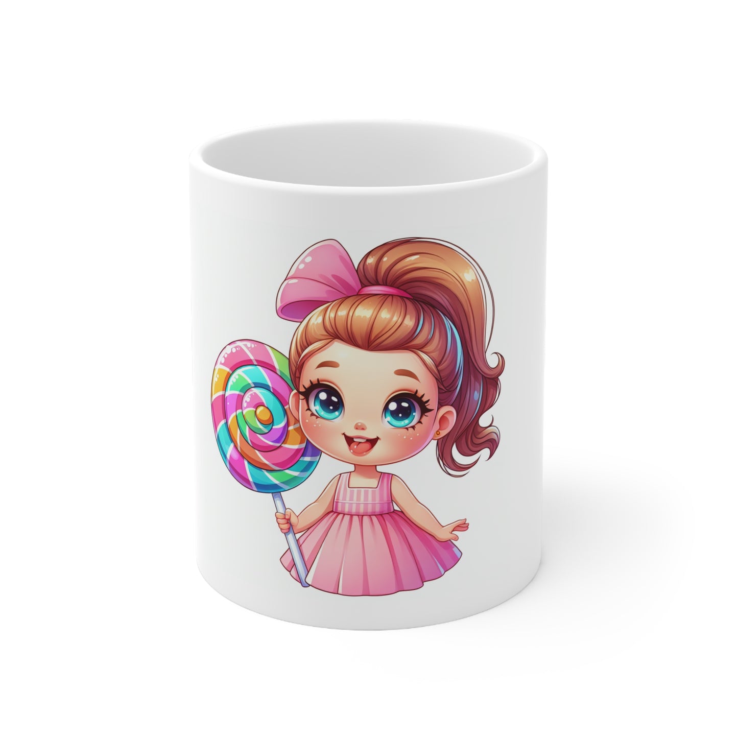 Cute Cartoon Girl with Lollipop Mug - 11oz White Ceramic Coffee Cup