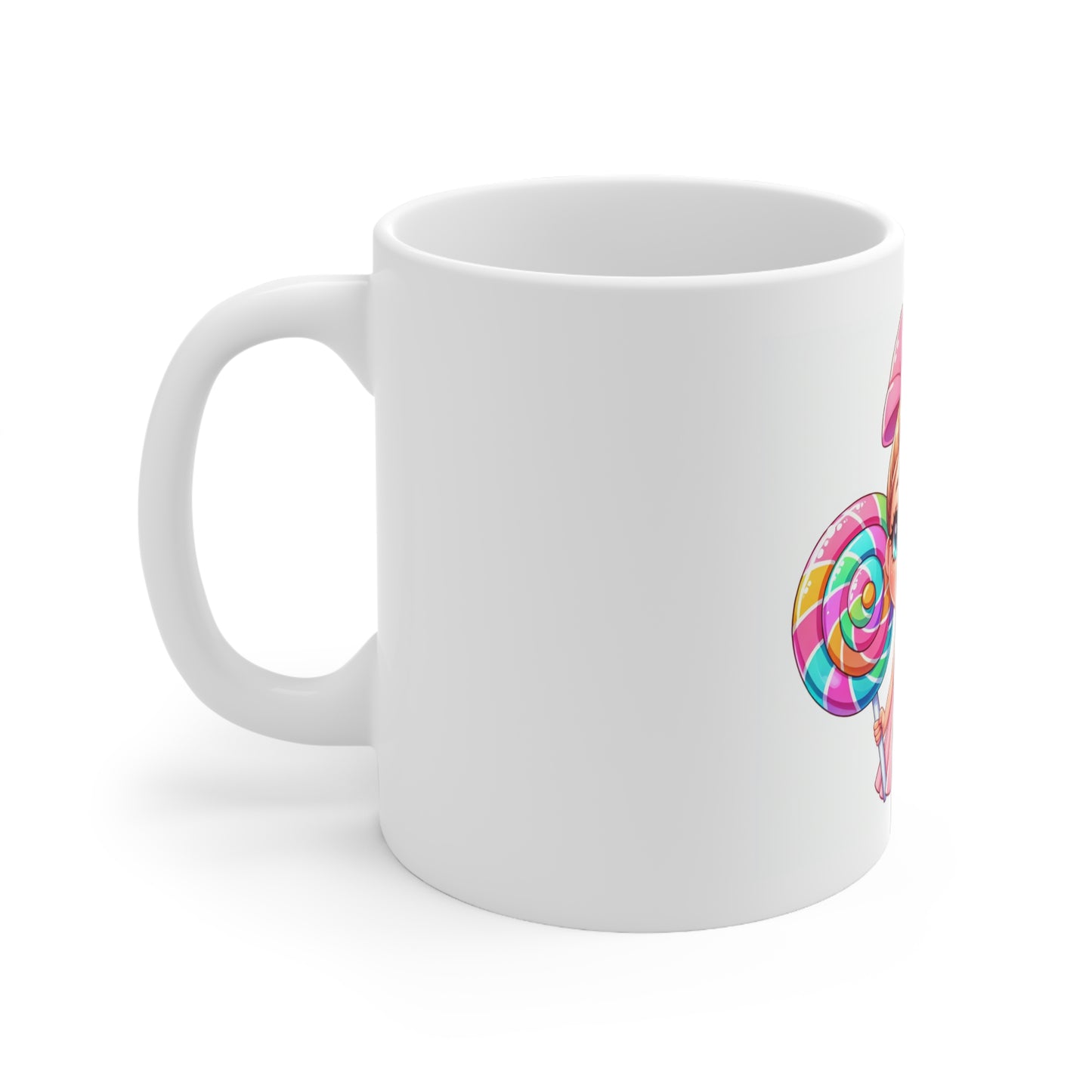 Cute Cartoon Girl with Lollipop Mug - 11oz White Ceramic Coffee Cup